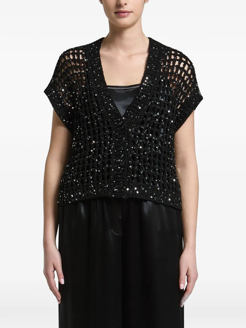Peserico sequin-embellished open-knit cardigan - Nero