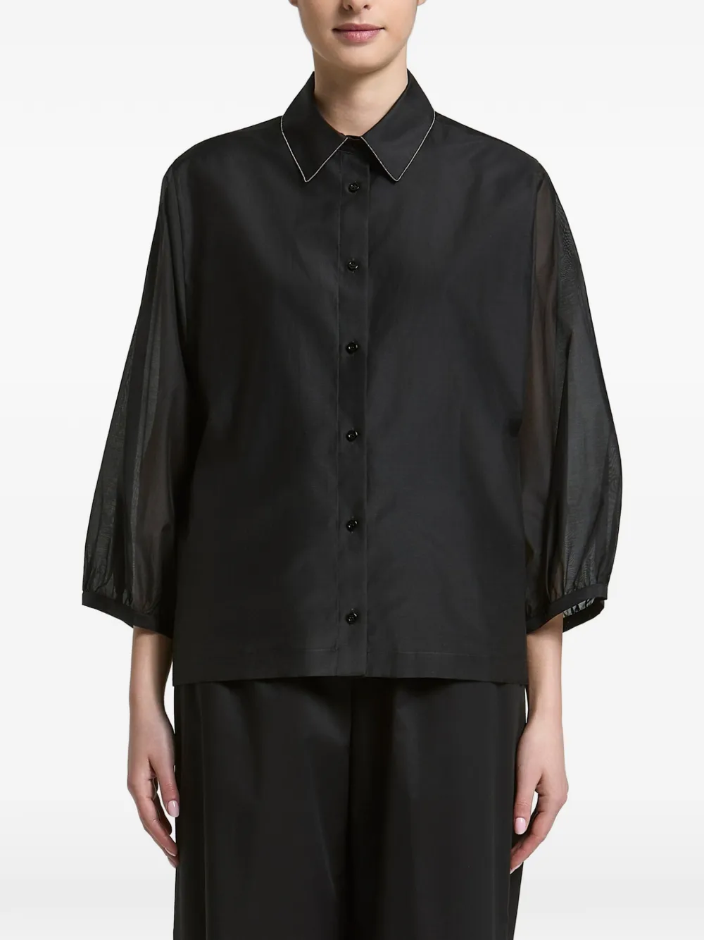 Peserico sheer-panelled puff-sleeve shirt - Nero