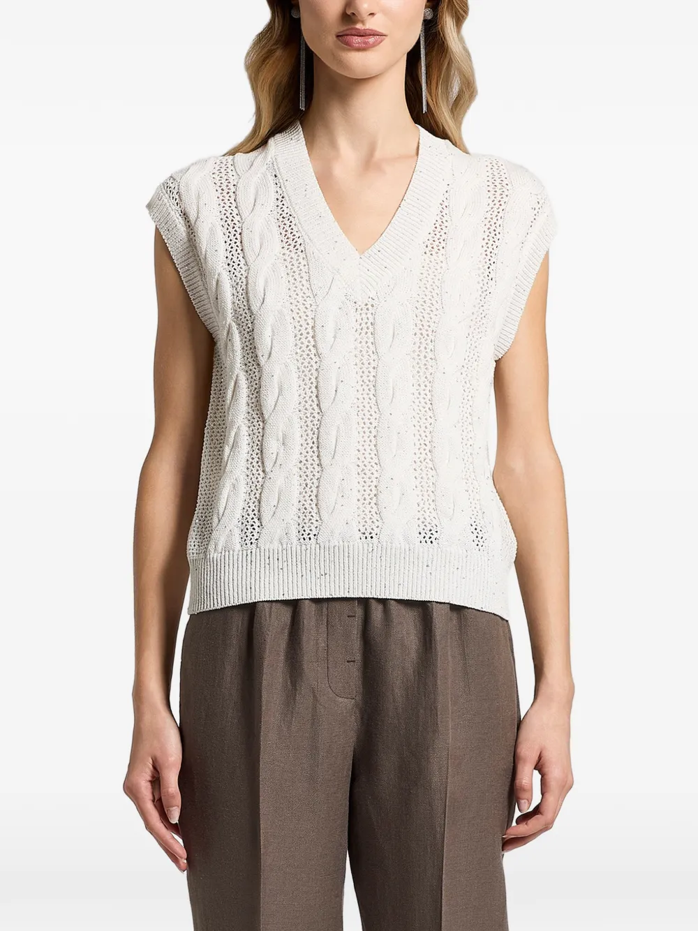 Peserico sequinned cable-knit V-neck top - Bianco