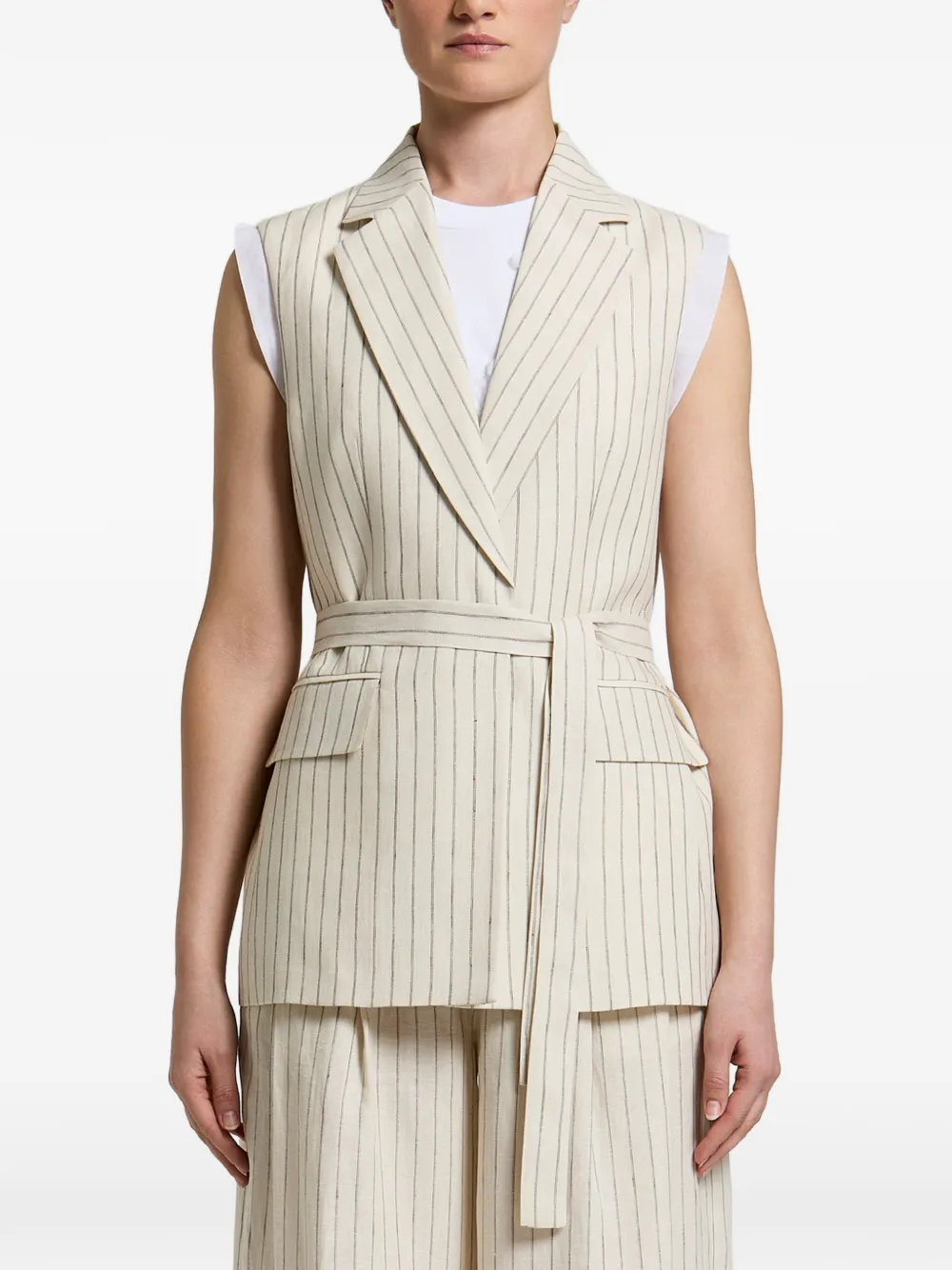 Peserico pinstripe-pattern belted jacket - Toni neutri