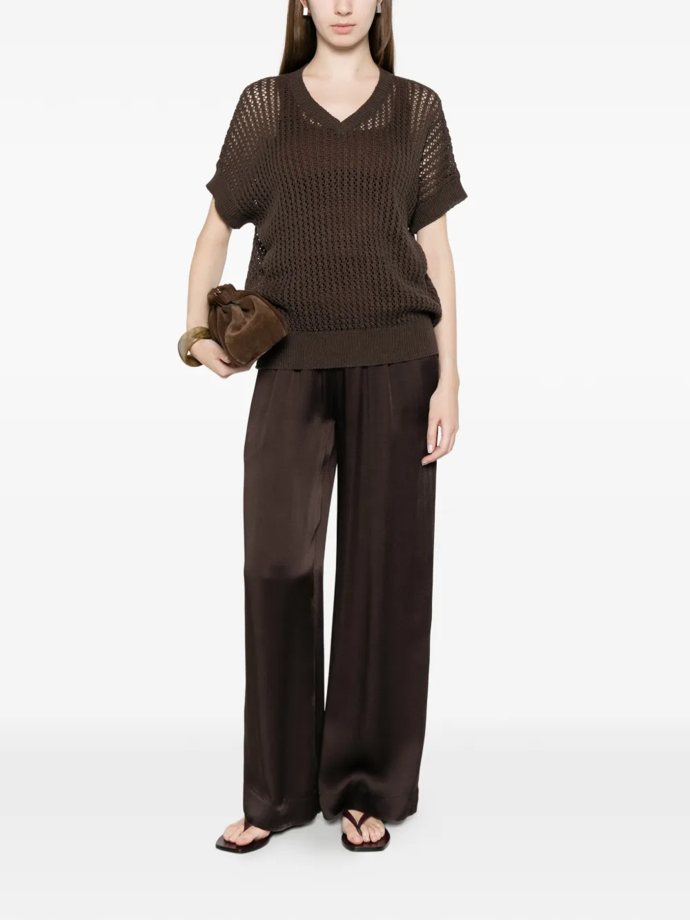  Anne Claire V-neck Open-knit Jacket - Brown 