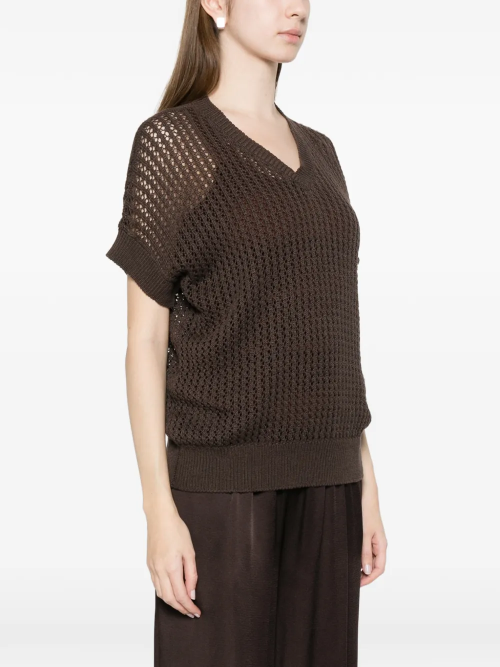  Anne Claire V-neck Open-knit Jacket - Brown 