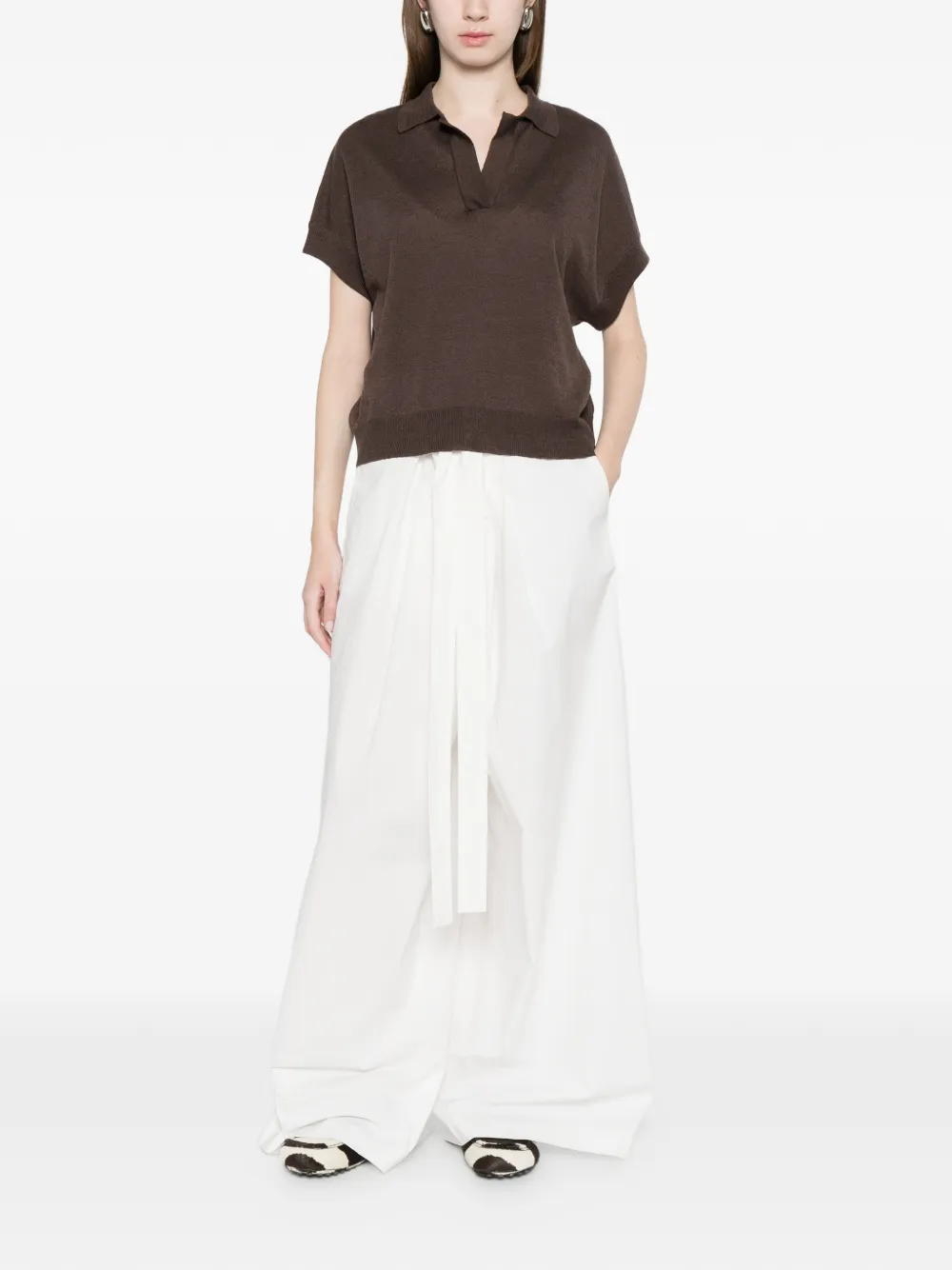  Anne Claire Collared V-neck Top - Brown 