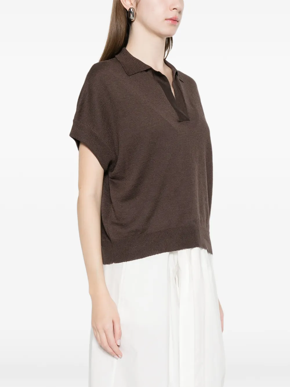  Anne Claire Collared V-neck Top - Brown 