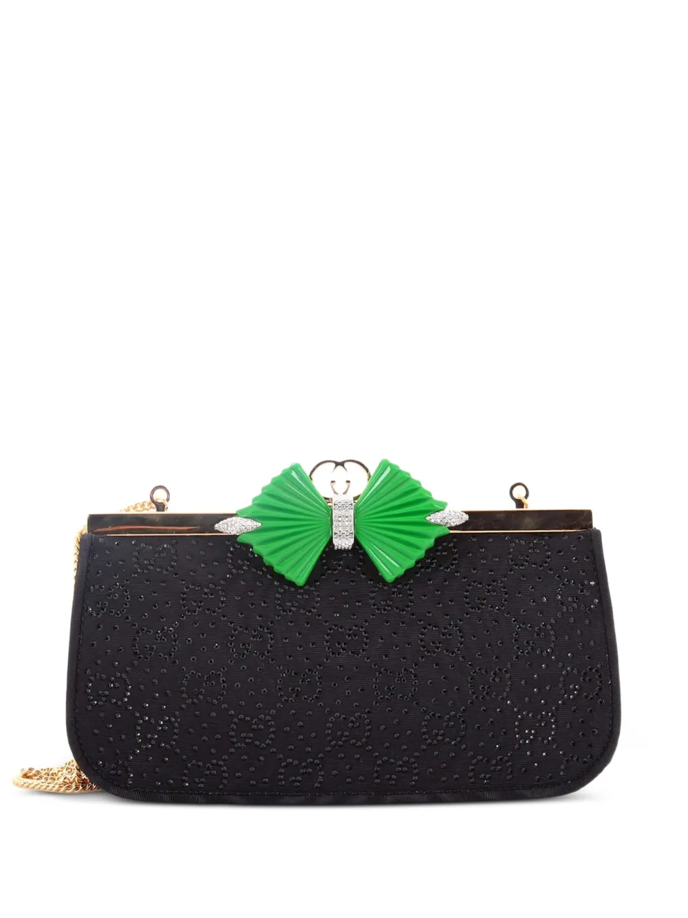 Gucci Pre-Owned Bow Frame Chain Crystal GG Embellished Moire clutch bag - Nero