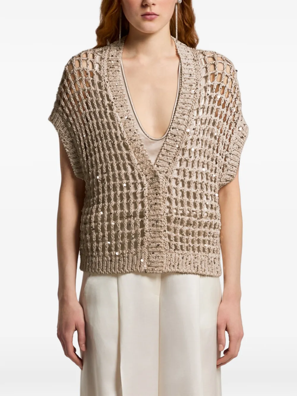 Peserico sequin-embellished open-knit cardigan - Toni neutri