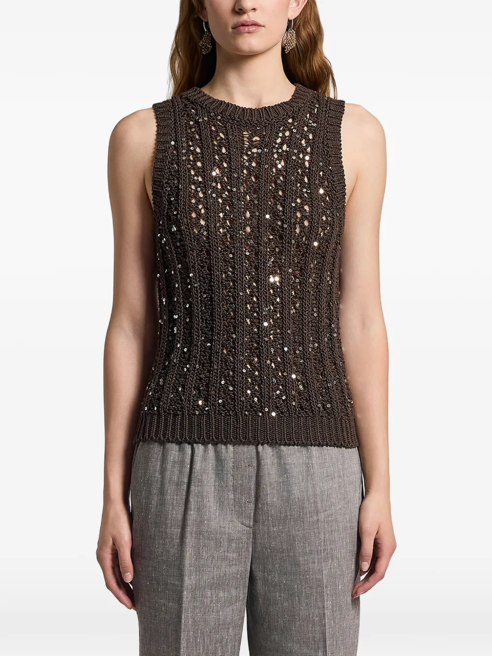 Peserico sequinned cotton top - Marrone