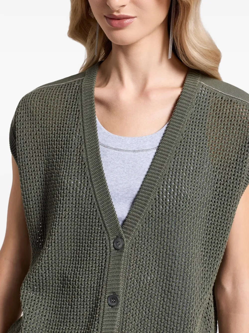  Peserico Button V-neck Knitted Vest - Green 