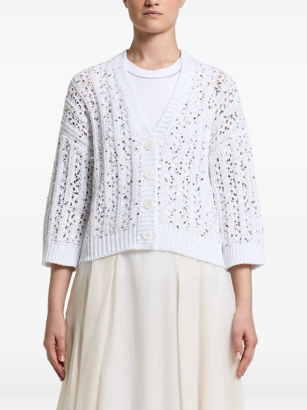 Peserico sequin-embellished open-knit cardigan - Bianco