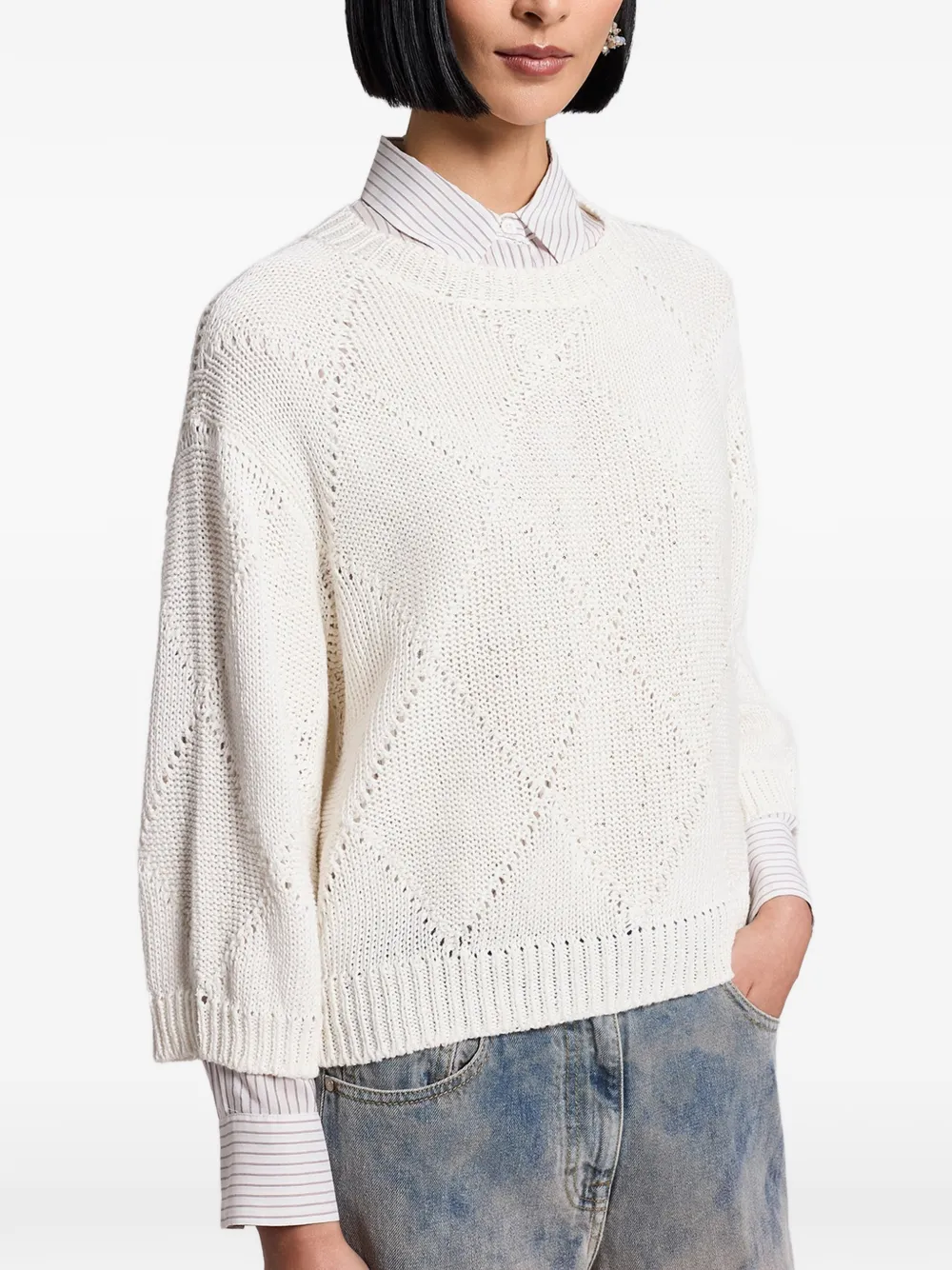 Sequinned Diamond-Knit Crew-Neck Sweater
