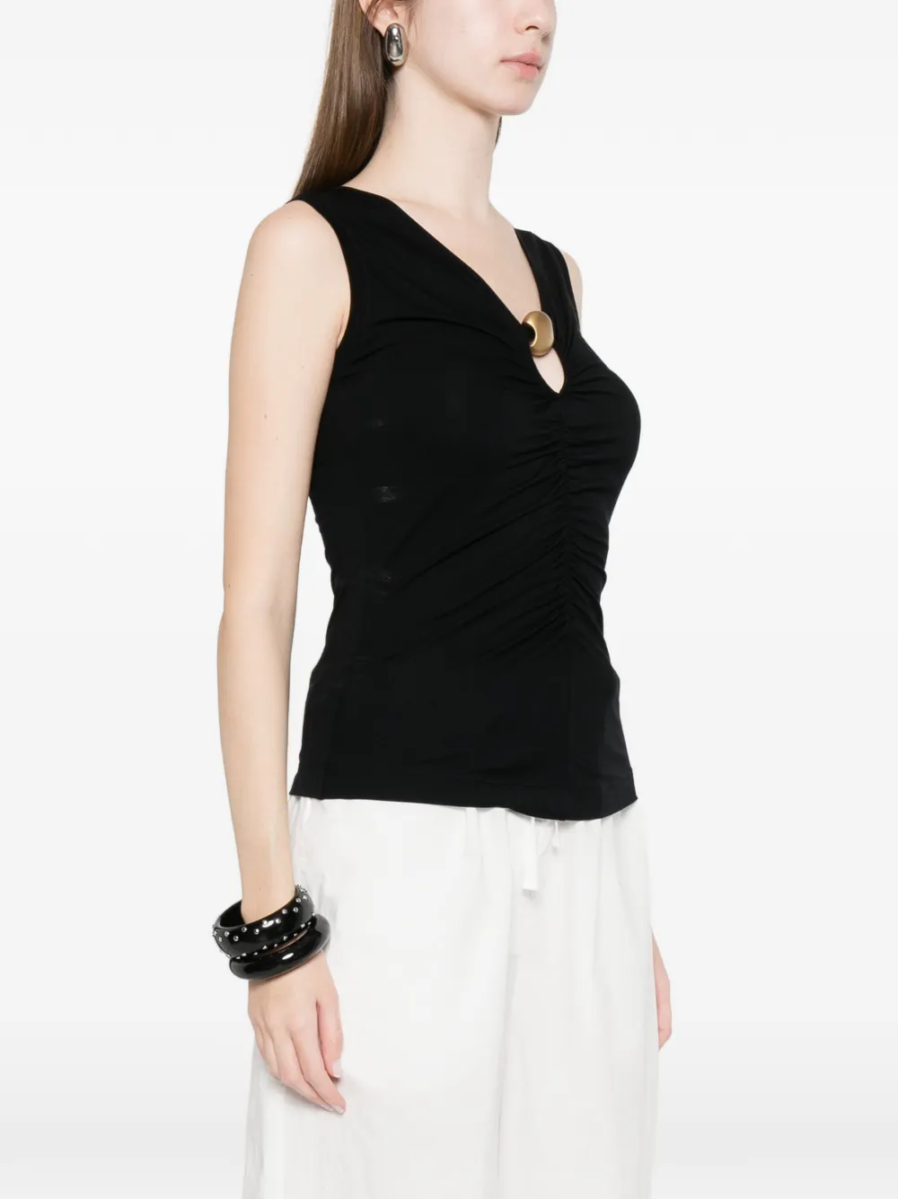  Clips Gathered V-neck Top - Black 