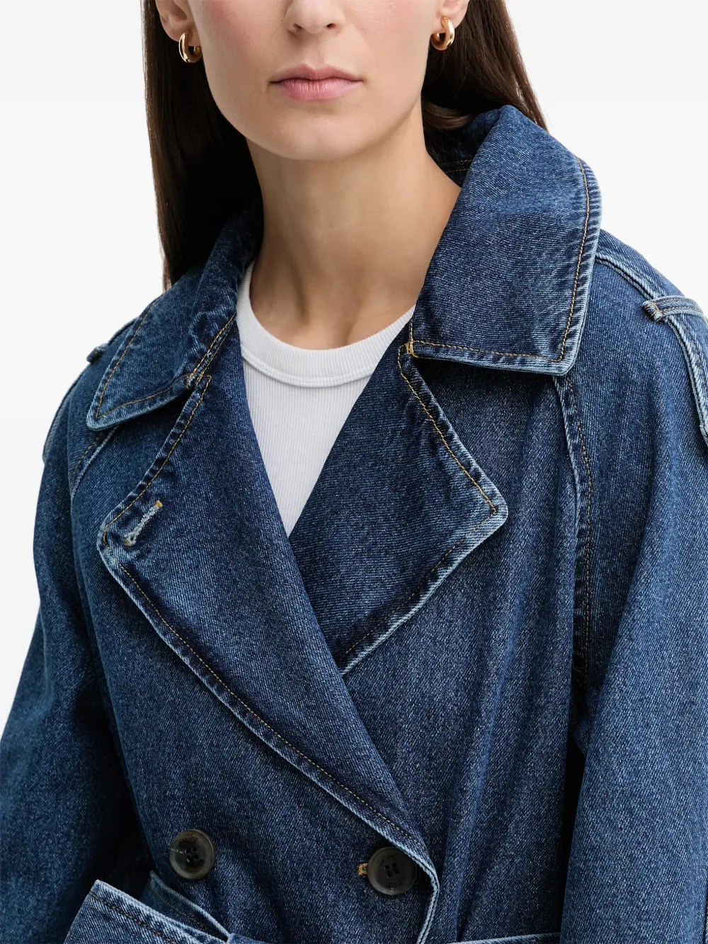 DKNY double-breasted belted denim coat Blauw