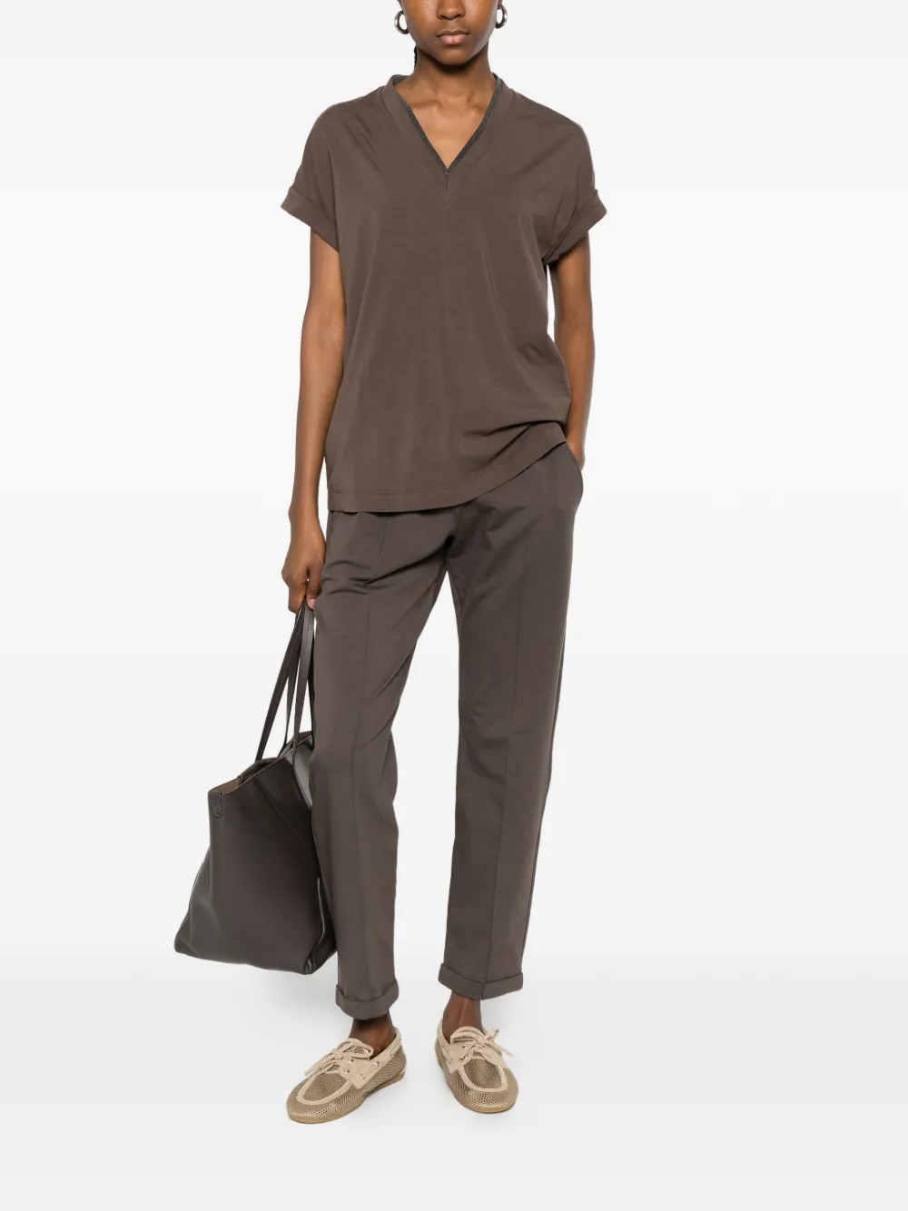 Brunello Cucinelli T-shirt met V-hals Bruin