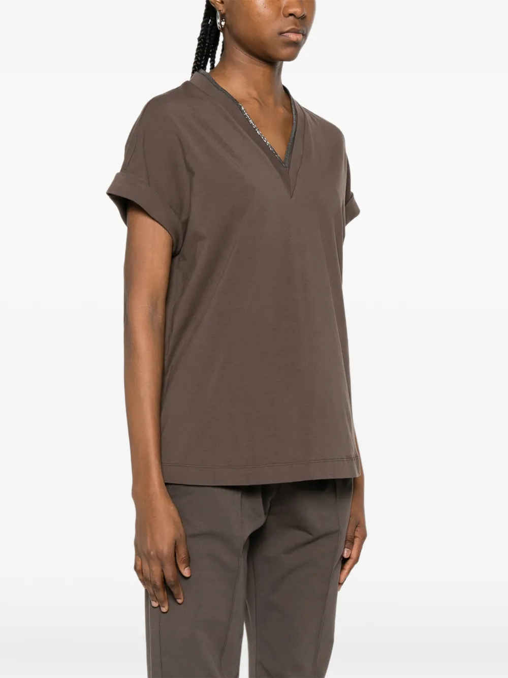 Brunello Cucinelli T-shirt met V-hals Bruin