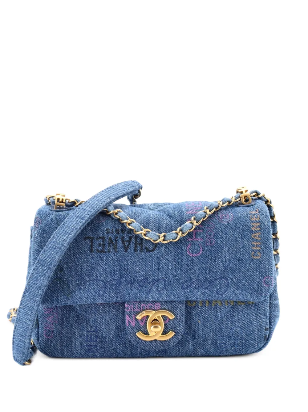 CHANEL Pre-Owned Denim Mood Flap Bag Logo Printed Quilted Denim Small crossbody bag - Blu