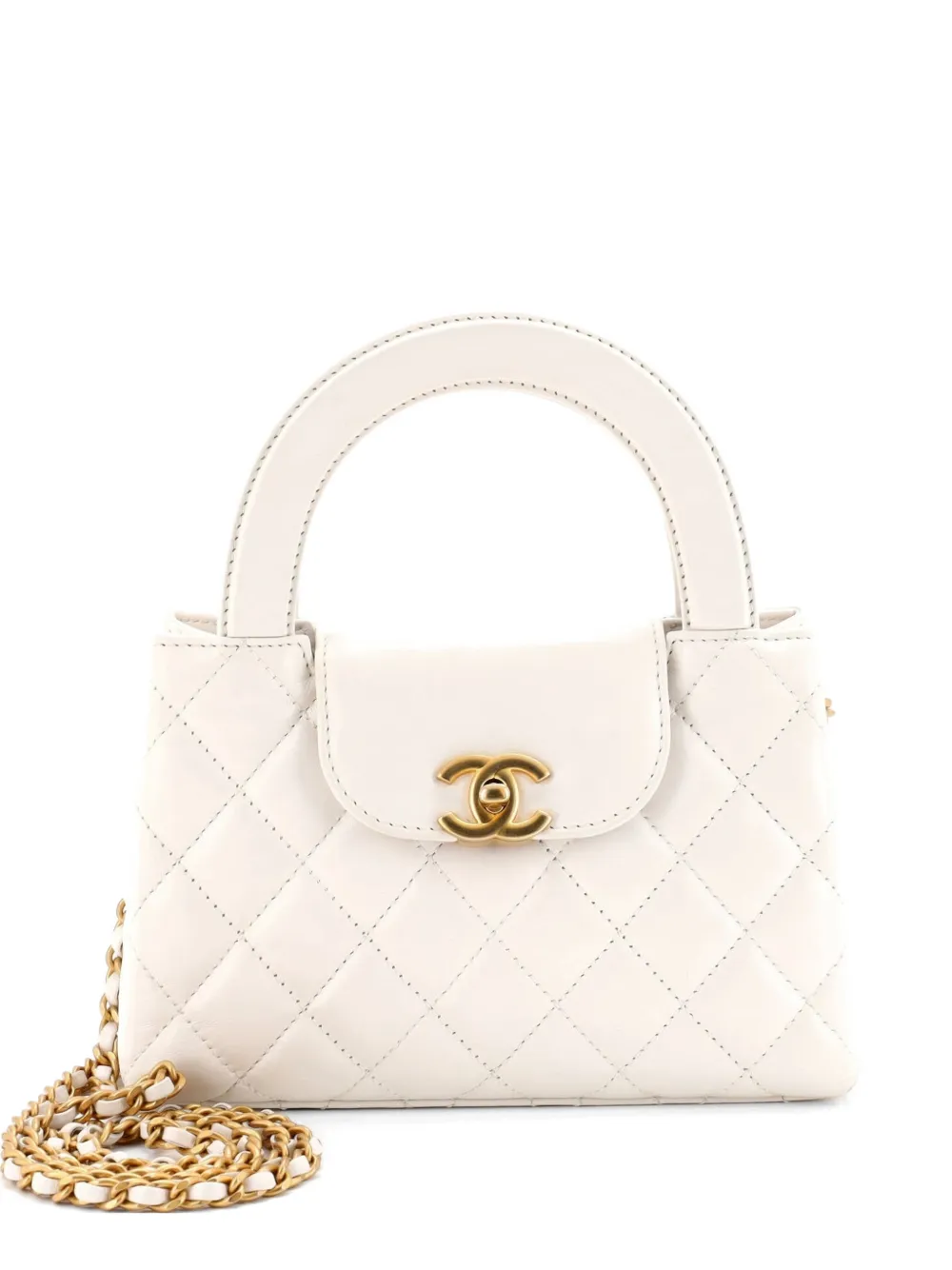 CHANEL Pre-Owned Kelly Top Handle Shopping Bag Quilted Shiny Aged Calfskin Mini satchel - Bianco