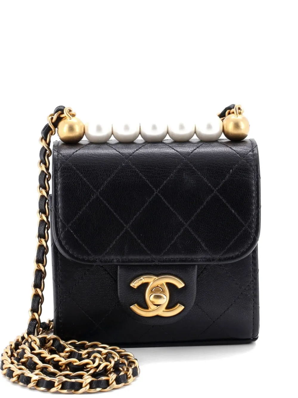 CHANEL Pre-Owned Borsa a tracolla Chic Pearls mini in pelle di capra trapuntata con catena - Nero