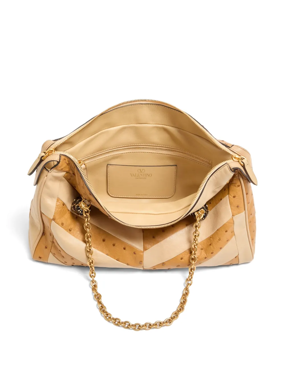 Valentino Garavani Panthea medium schoudertas van struisvogelleer en nappaleer met chevron patroon Beige