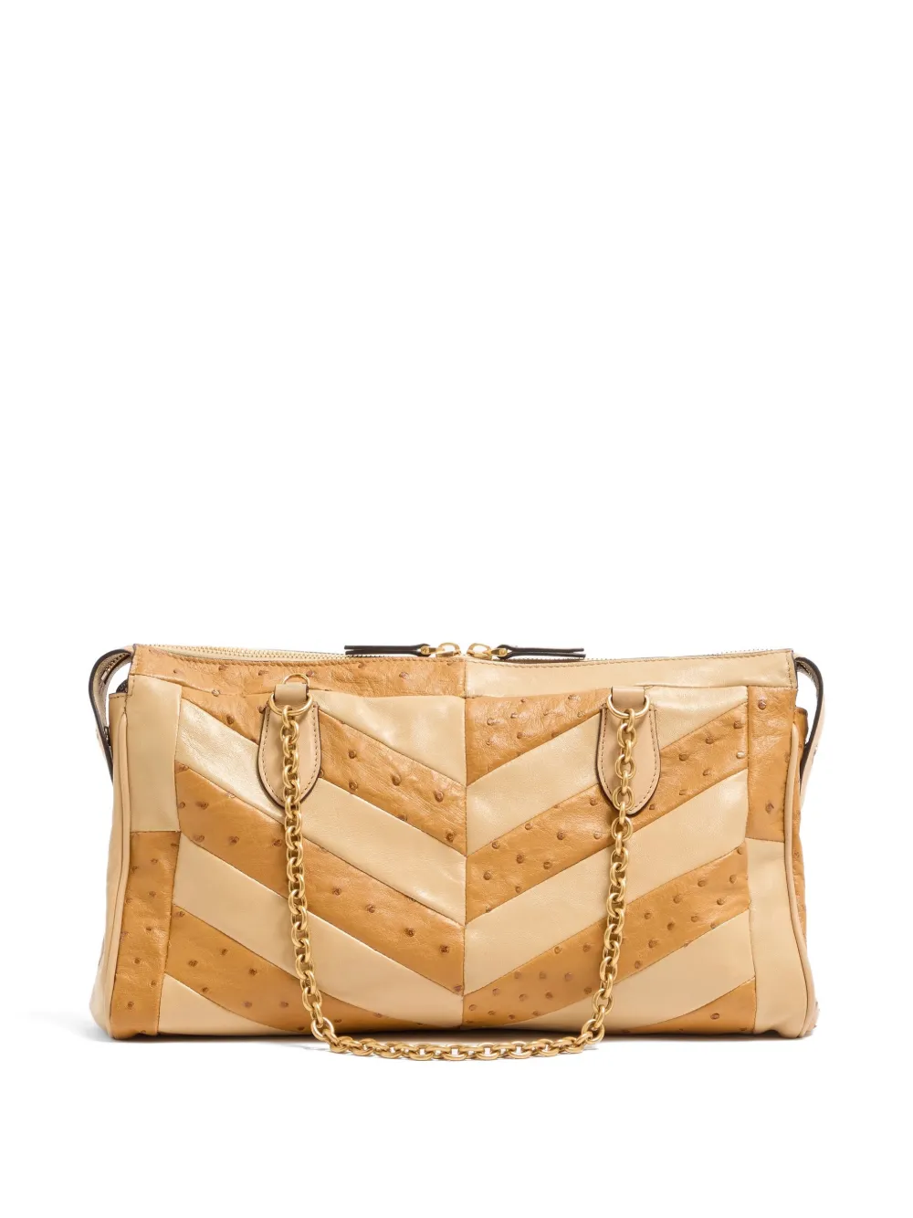 Valentino Garavani Panthea medium schoudertas van struisvogelleer en nappaleer met chevron patroon Beige