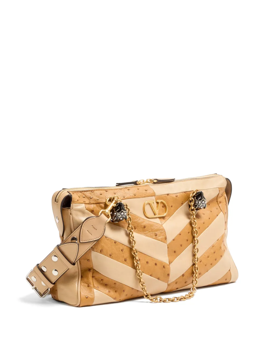 Valentino Garavani Panthea medium schoudertas van struisvogelleer en nappaleer met chevron patroon Beige