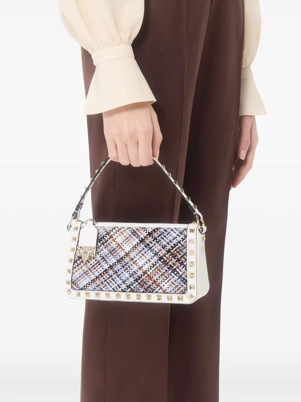 Valentino Garavani Rockstud kleine schoudertas van geweven stof Wit