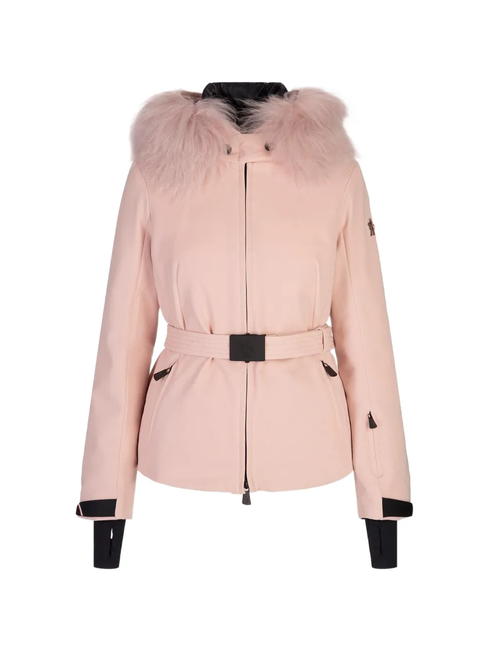 Moncler Fur Trim Belted Coat In Pink
