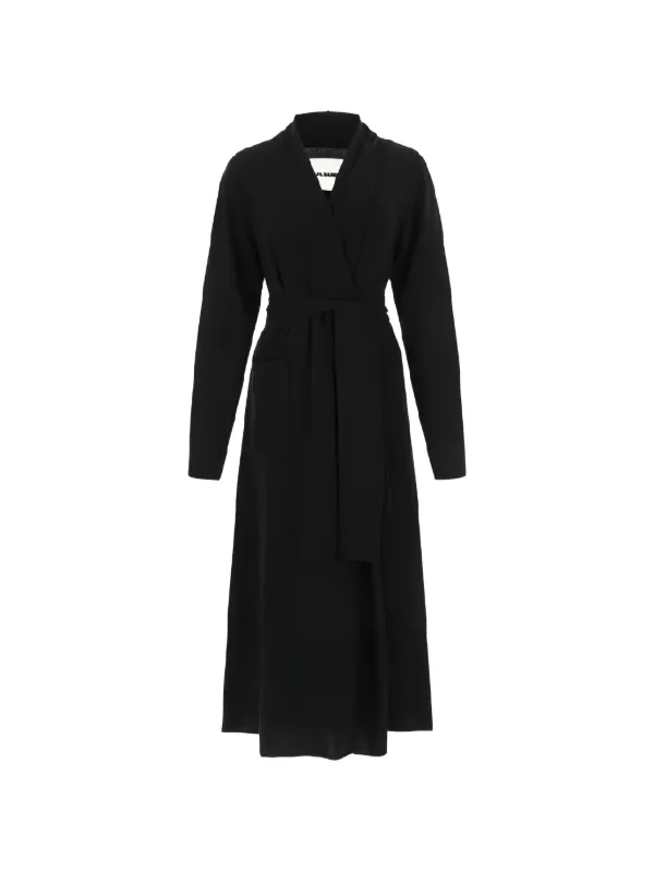Jil Sander Belted V-neck Cashmere Coat in Black