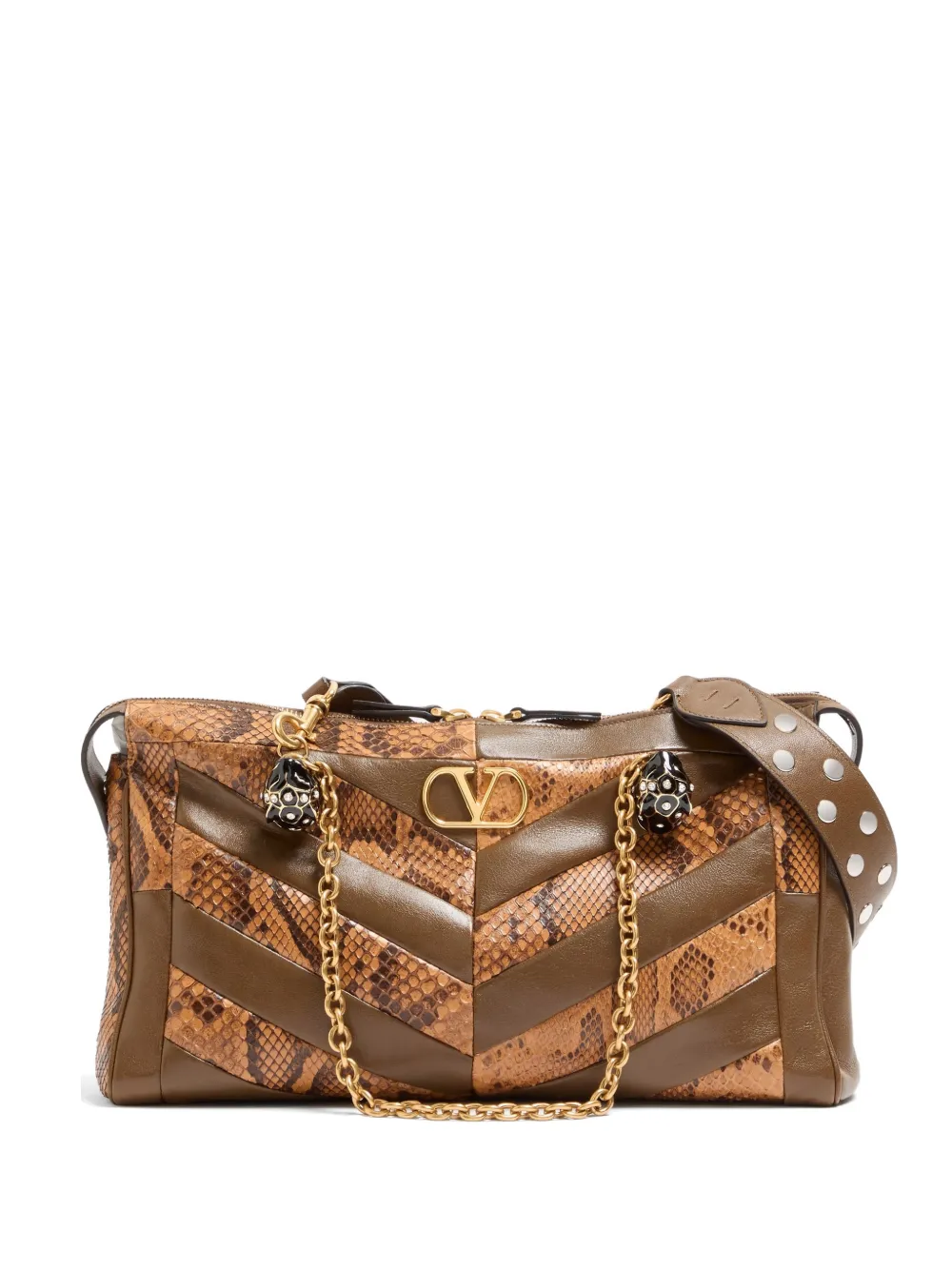 Valentino Garavani Panthea medium shoulder bag in python and nappa with chevron motif - Marrone