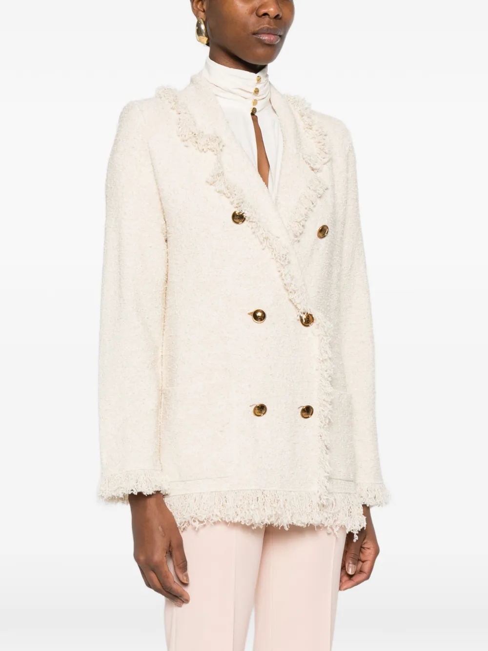 Elisabetta Franchi Bouclé gebreid jack met franje Beige