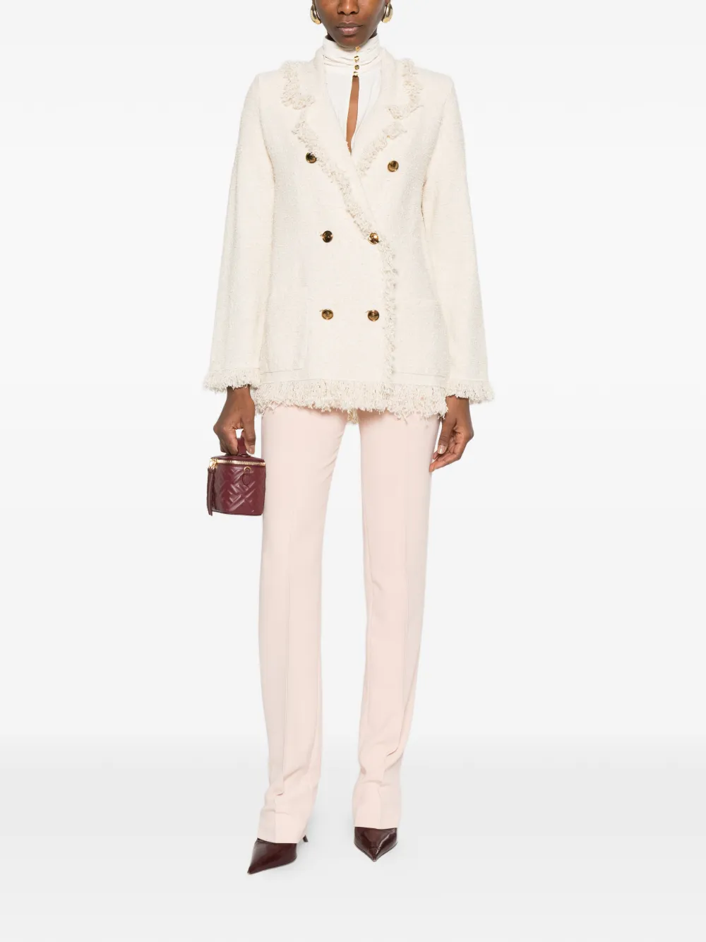 Elisabetta Franchi Bouclé gebreid jack met franje Beige