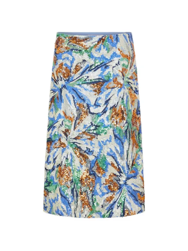 Rabanne Midi Skirt with Floral-shaped Sequin Embroidery in Blue