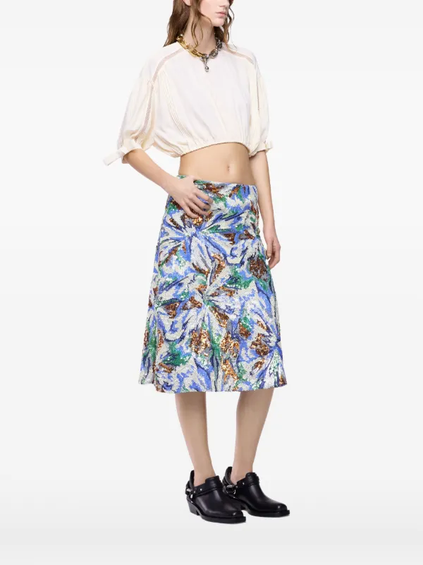 Rabanne Crop Top in Crepe with Puff Sleeves in Neutrals