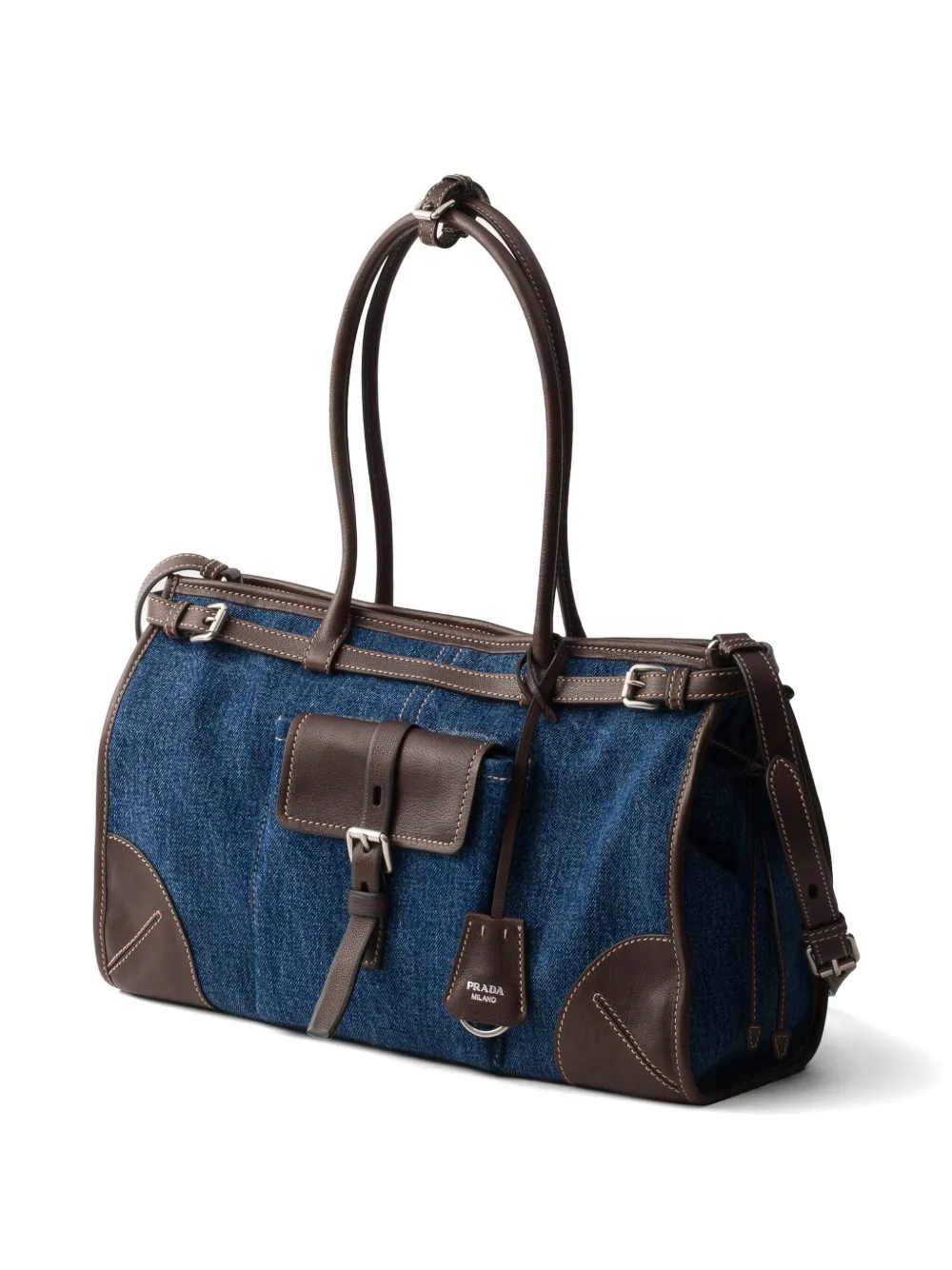 Prada Bonnie grote denim en leren handtas Blauw