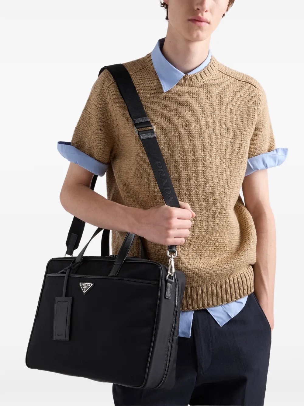Prada Re-Nylon en Saffiano leren aktetas Zwart