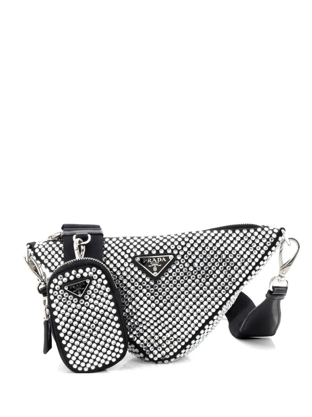 Prada Pre-Owned Triangle Logo Zip Crystal Embellished Satin Small crossbody bag - Nero