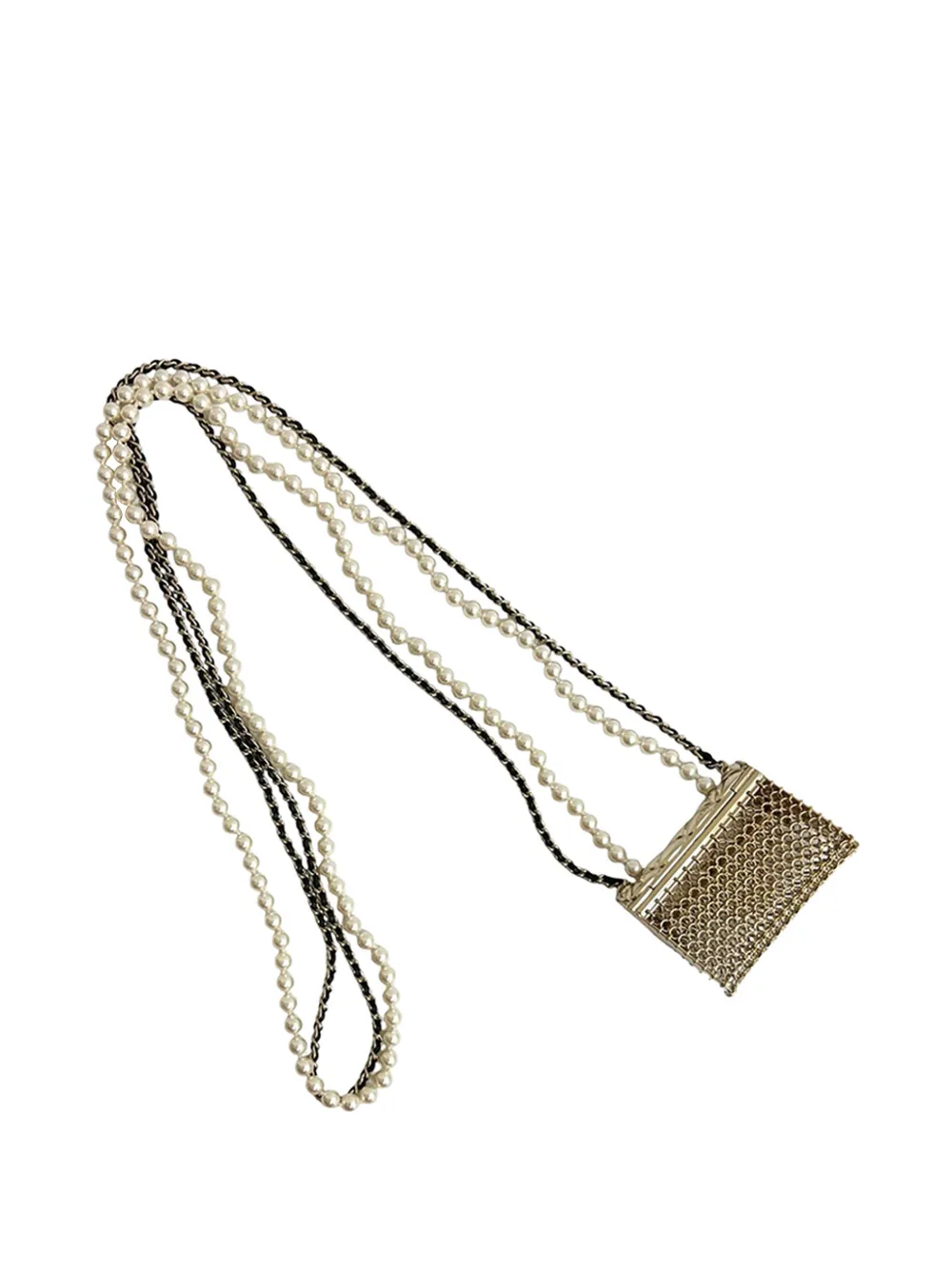  Chanel Pre-owned 2021 Cc Gold Plated Leather And Faux Pearl Classic Flap Bag Necklace Costume Necklace - White 