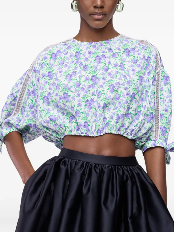 Rabanne Floral Puff-sleeved Crop Top in Purple