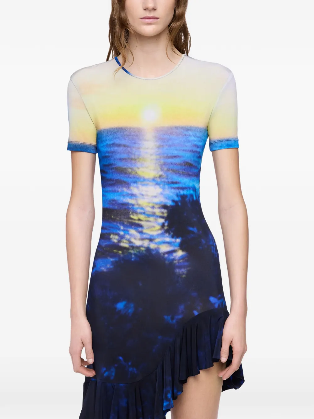 Rabanne Mini-jurk met zonsondergang print en ruches Blauw
