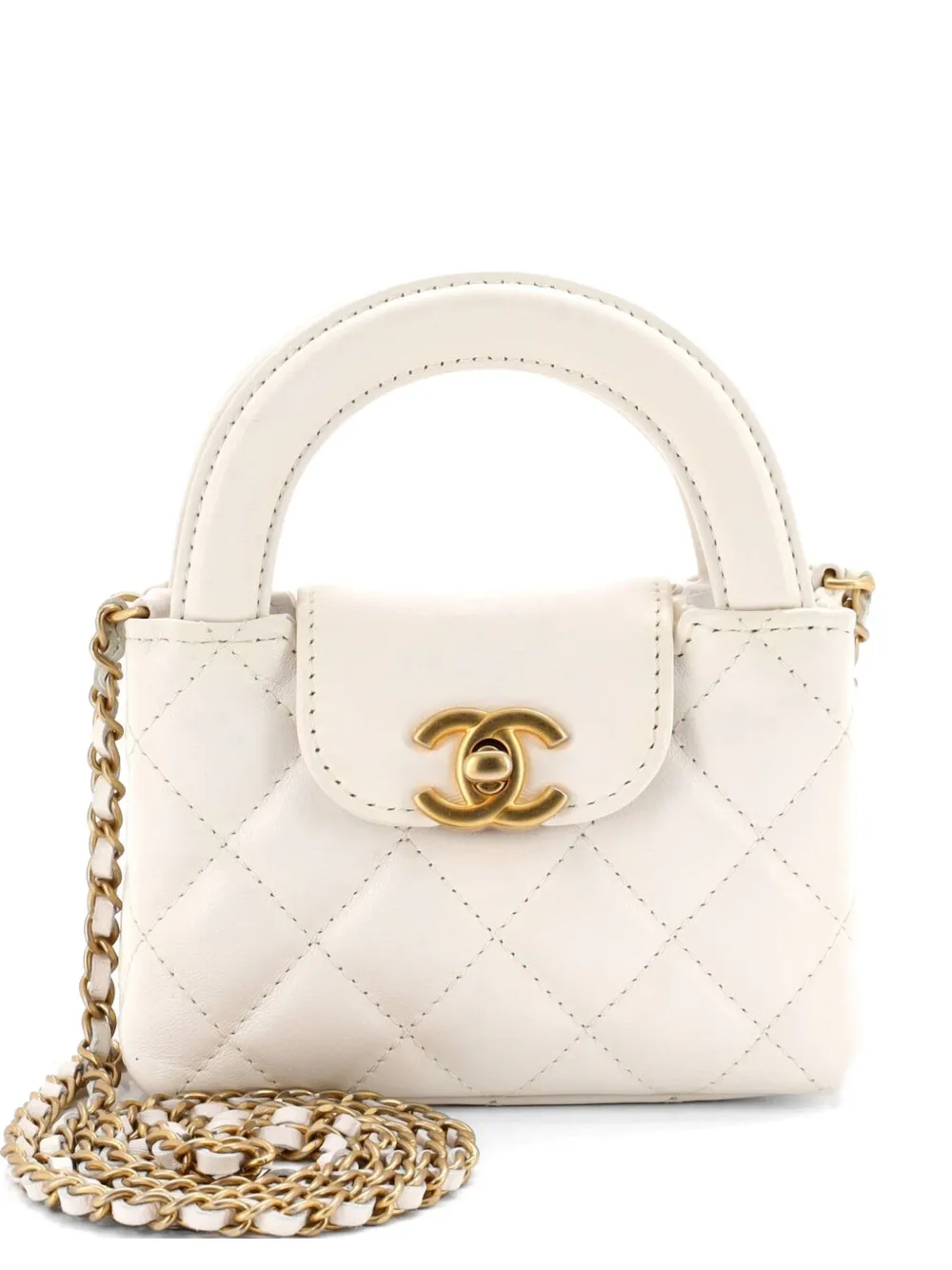 CHANEL Pre-Owned Kelly Top Handle Shopping Bag Quilted Shiny Aged Calfskin Nano crossbody bag - Bianco