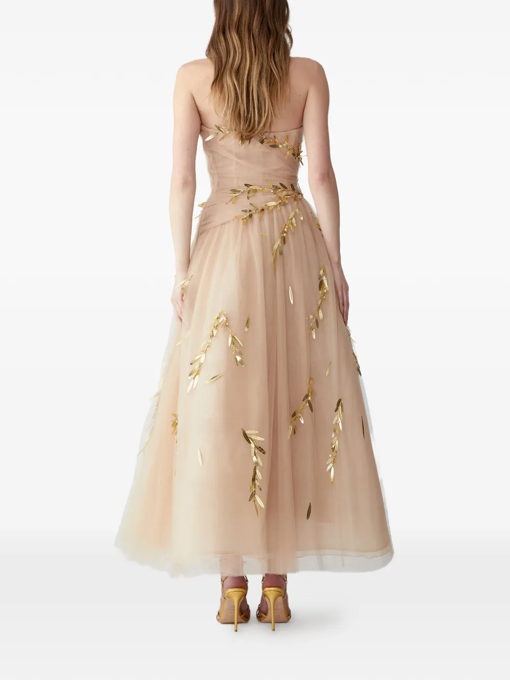 Carolina Herrera Strapless tulen midi-jurk met borduurwerk Beige