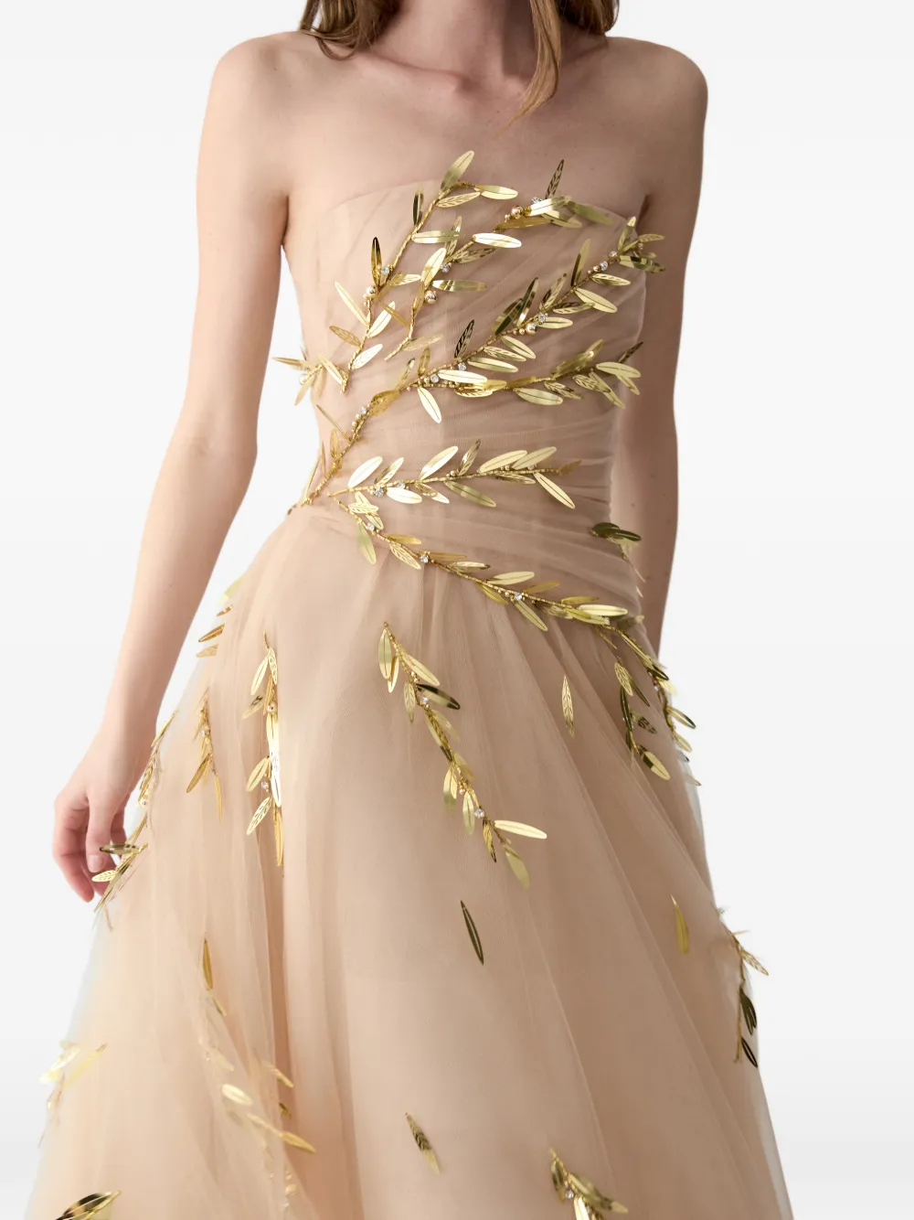 Carolina Herrera Strapless tulen midi-jurk met borduurwerk Beige