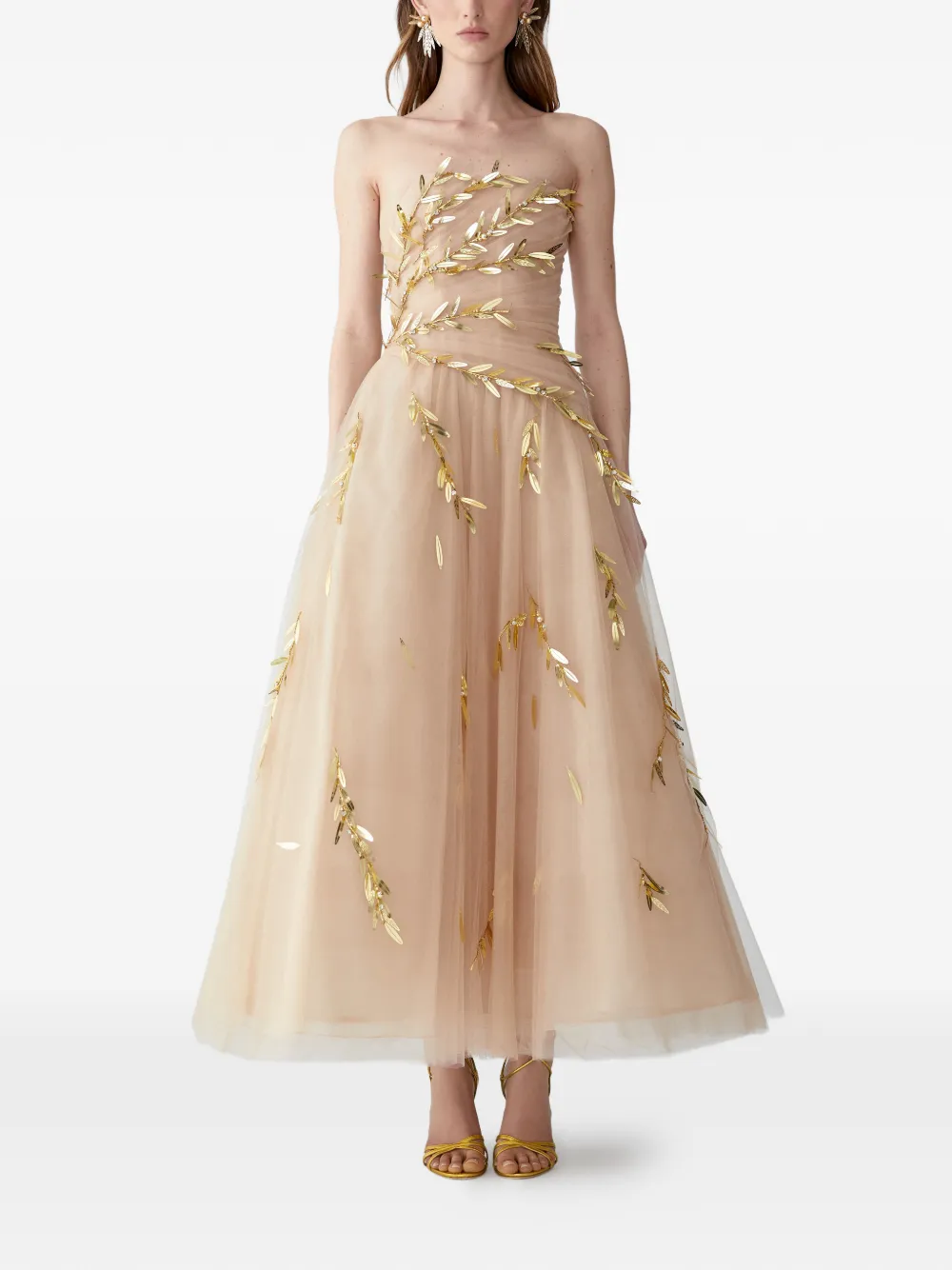 Carolina Herrera Strapless tulen midi-jurk met borduurwerk Beige