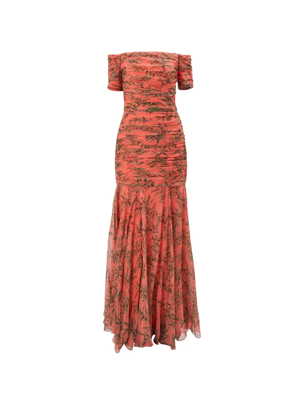Carolina Herrera olive branch-print ruched gown - Rosa