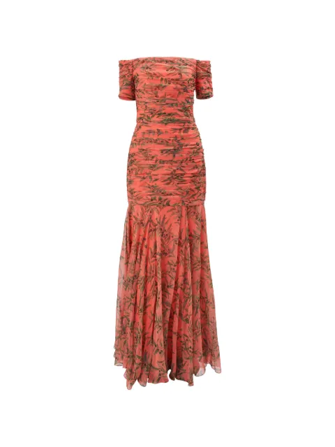 Carolina Herrera olive branch-print ruched gown