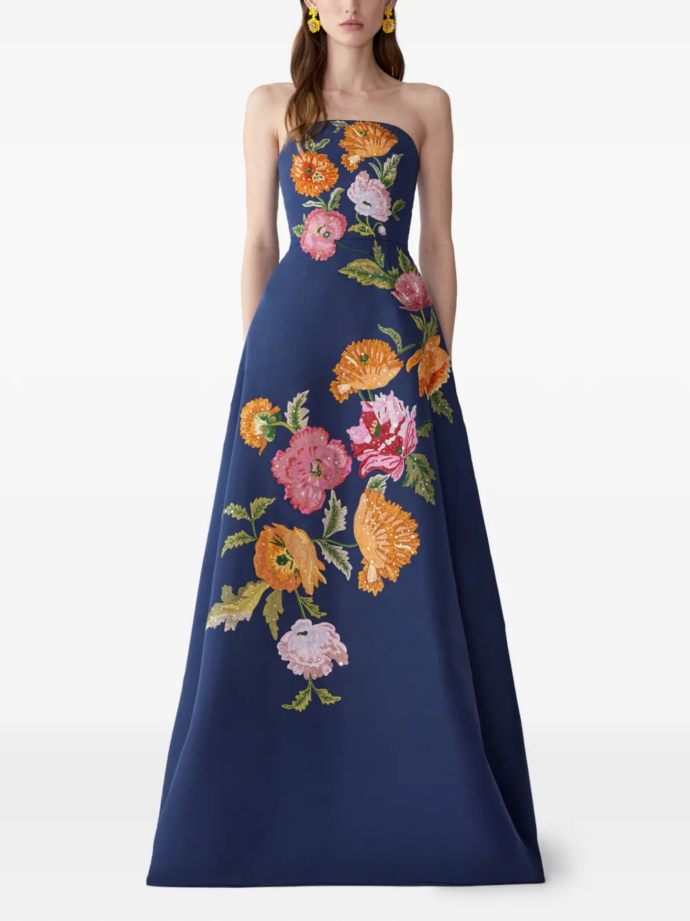 Floral-Embroidered Strapless Gown
