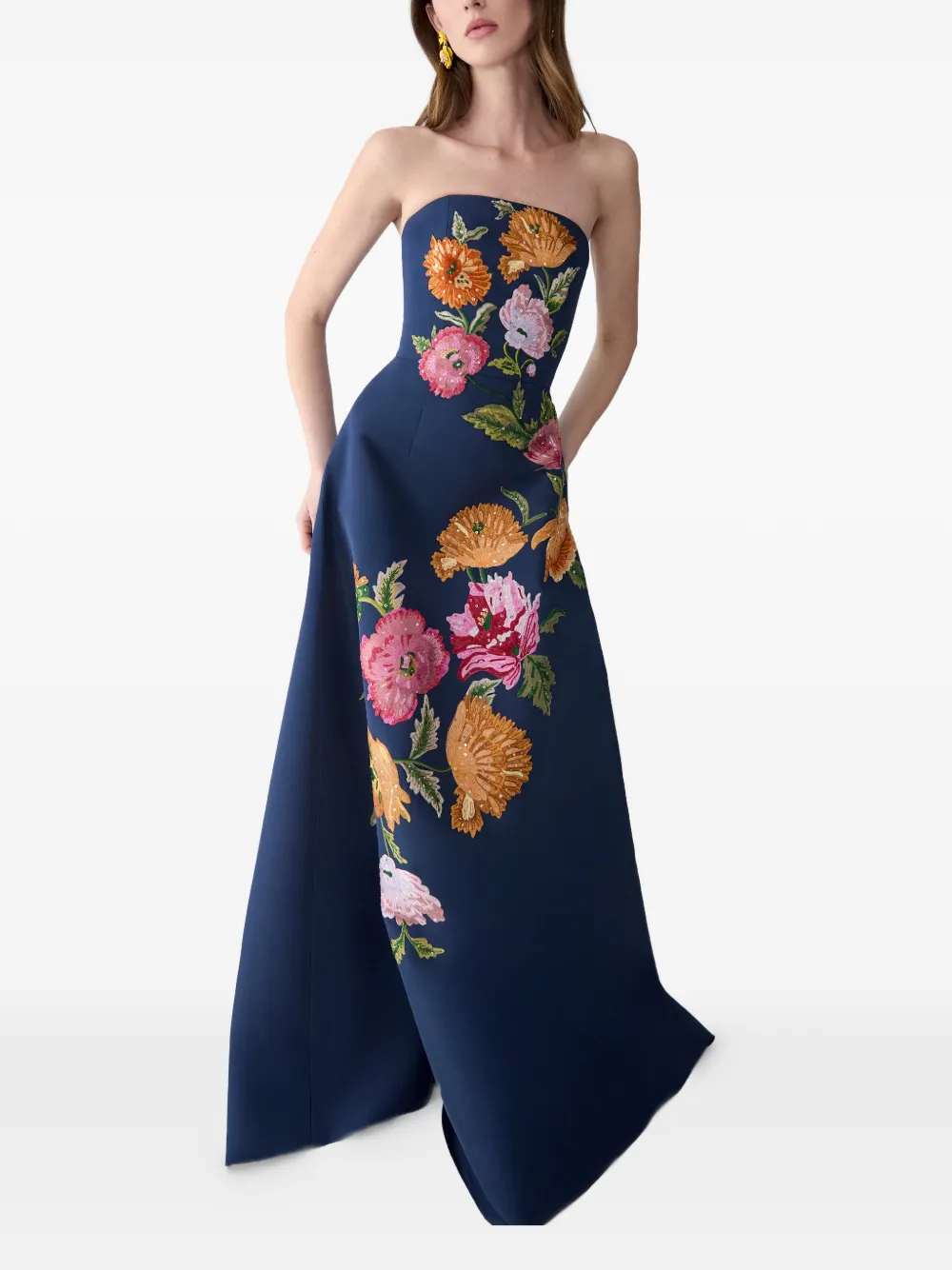 Floral-Embroidered Strapless Gown