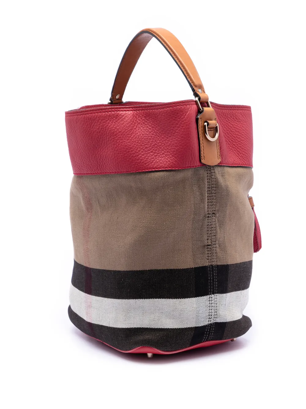  Burberry Pre-owned 2000-2017 Medium Mega Check Canvas And Grained Calfskin Ashby Tassel Bucket Bag Satchel - Brown 