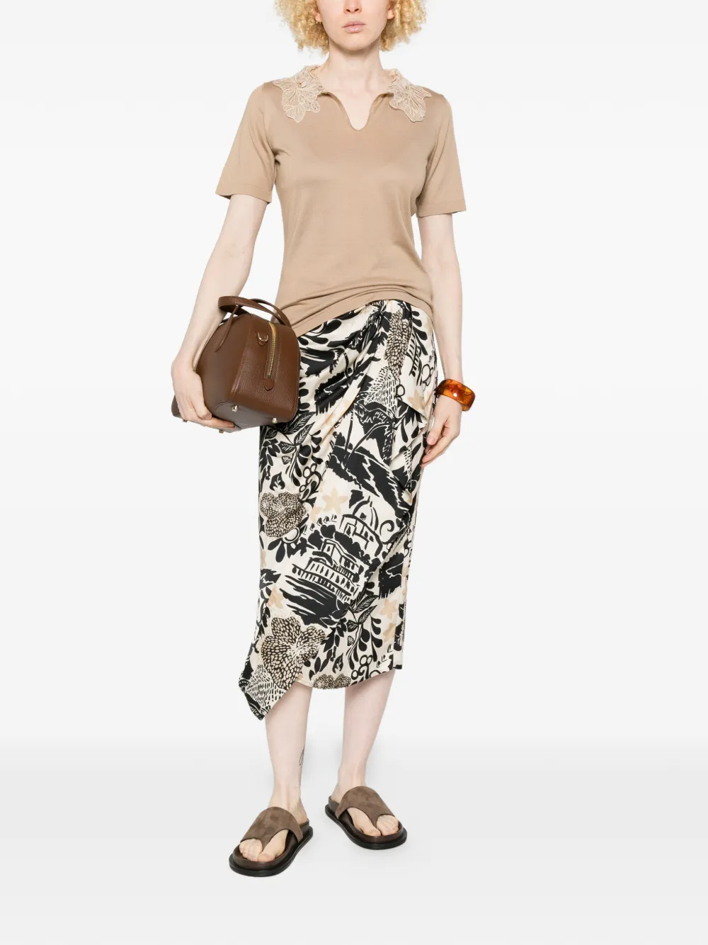 Fabiana Filippi T-shirt met kanten detail en V-hals Bruin