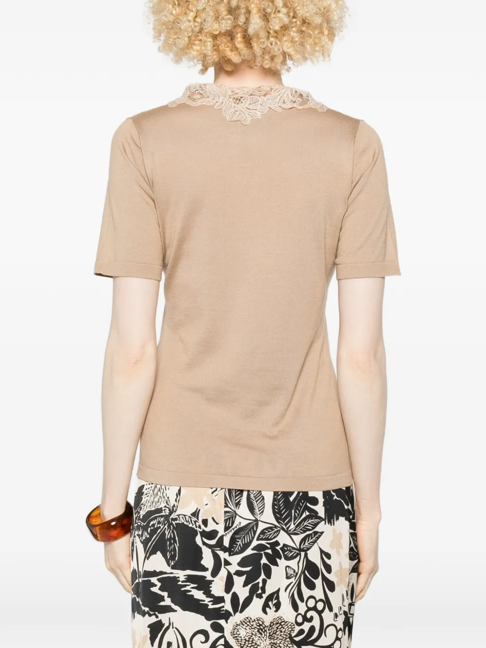 Fabiana Filippi T-shirt met kanten detail en V-hals Bruin