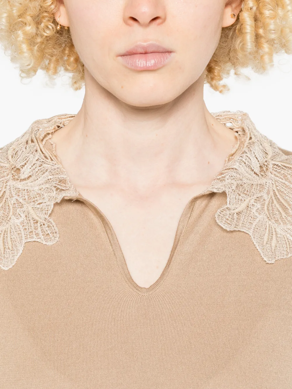 Fabiana Filippi T-shirt met kanten detail en V-hals Bruin